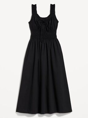 Black Smocked Midi Dress with Ruffle Detailing